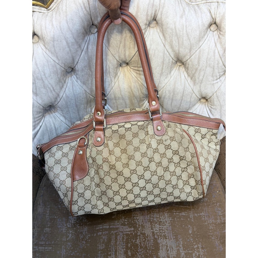 Gucci GG Monogram Canvas Sukey Boston Bag Beige Brown Leather 223974‎ 48754
